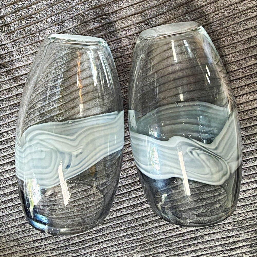 Set of 2 Clear & White Swirl Art Glass Bud Vases Glossy Modern Decorative